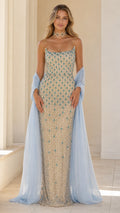 Front view of champagne crystal embellished evening gown with blue shawl