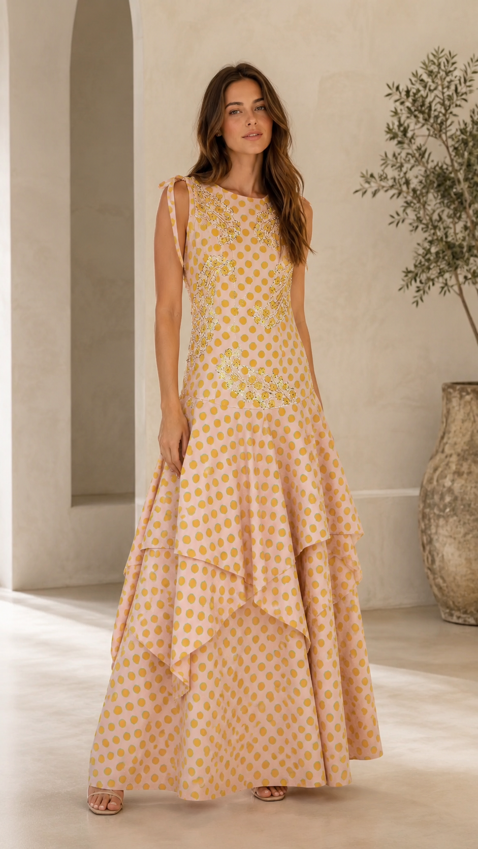 Front view of blush yellow embroidered polka dot tiered maxi dress