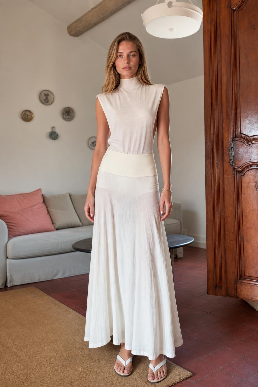 Front view of model wearing white sleeveless mock neck knit maxi dress