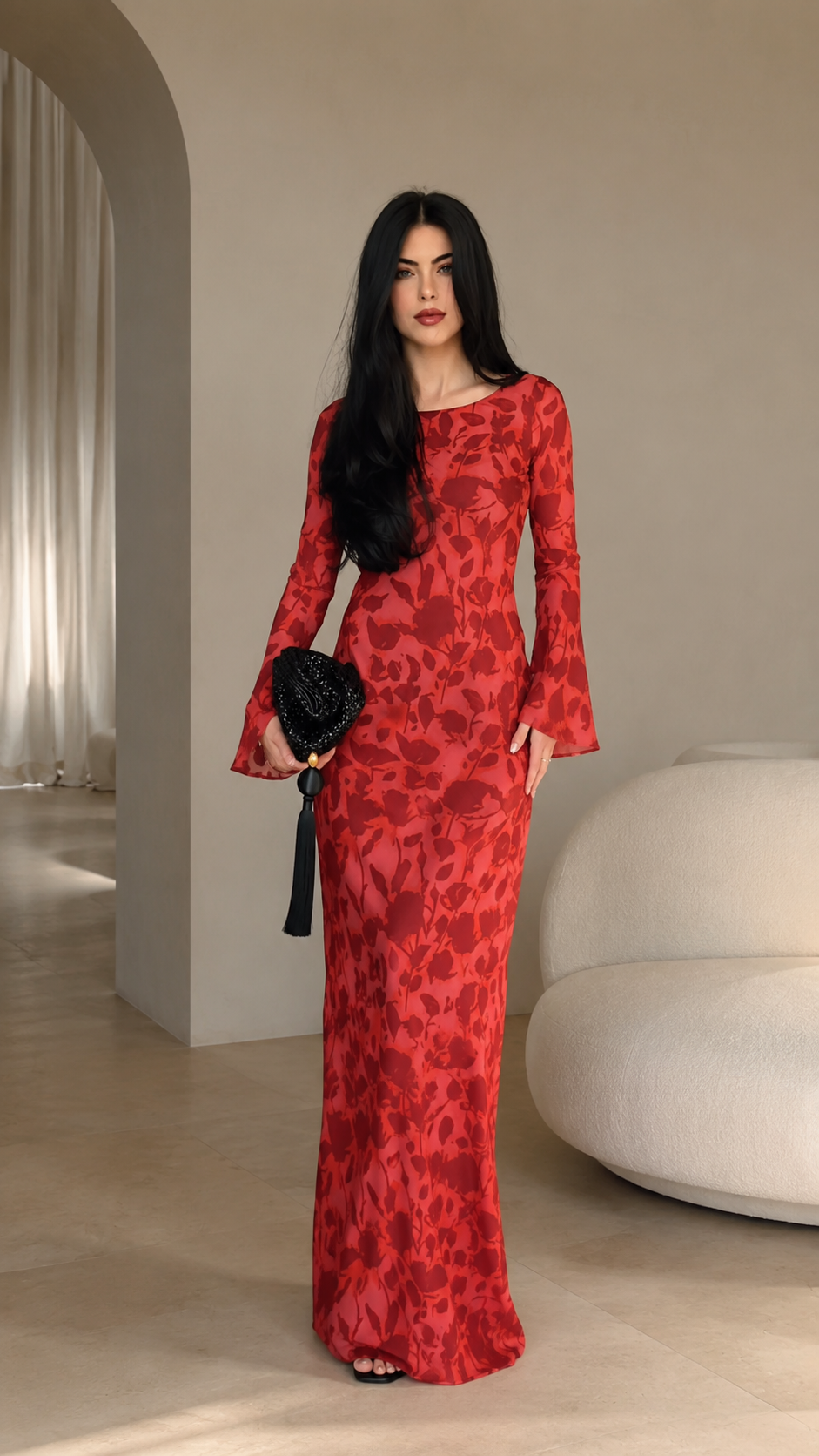 Front view of red floral jacquard bell sleeve maxi dress