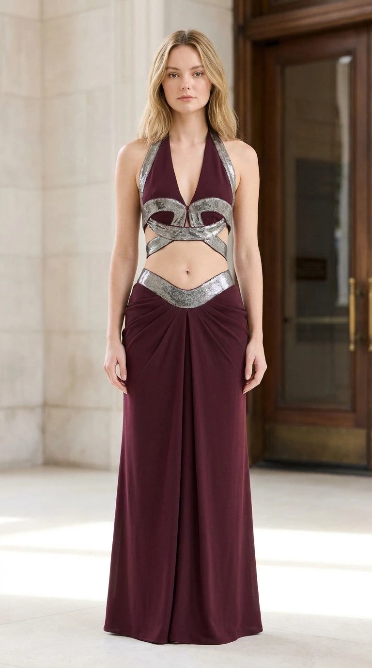 Model wearing burgundy halter two-piece maxi dress front view