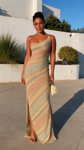 Front view of pastel striped one-shoulder textured maxi dress with side slit