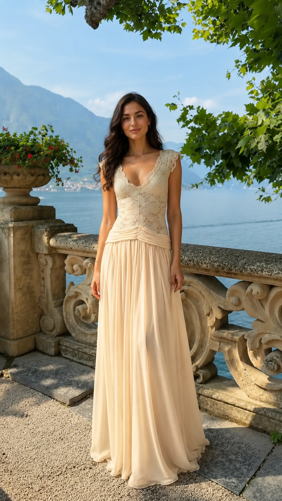Front view of champagne lace bodice pleated maxi dress with cap sleeves