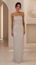 Front view of ivory blue strapless beaded column maxi dress