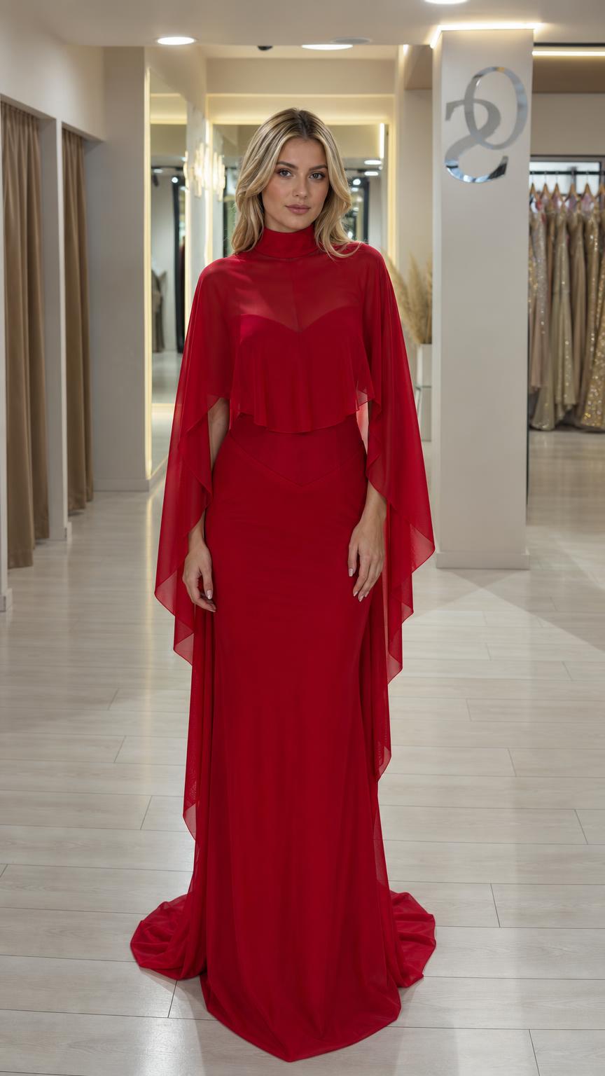 Front view of model wearing red chiffon cape evening maxi dress