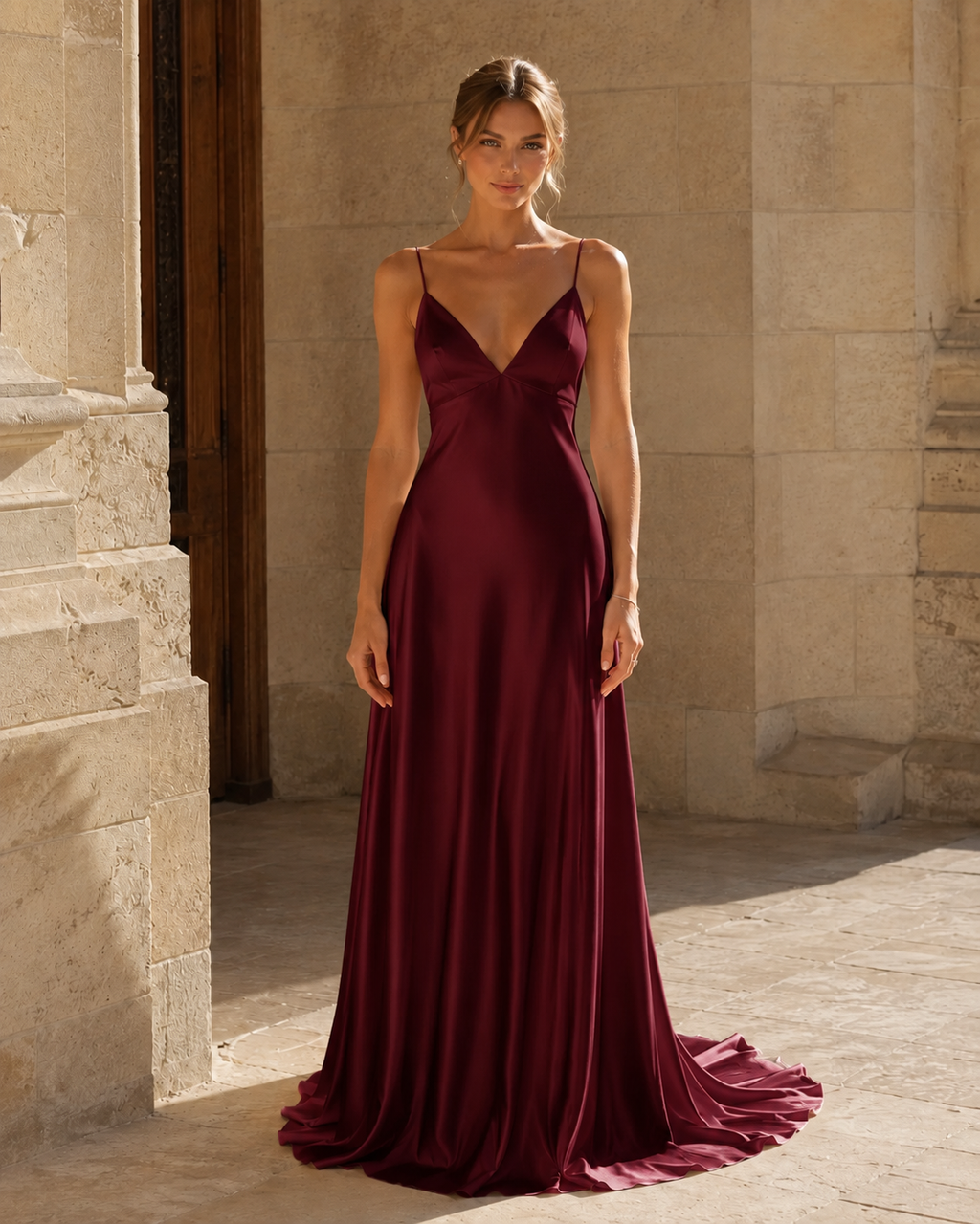 Burgundy satin-look spaghetti strap slip maxi dress with deep V neckline