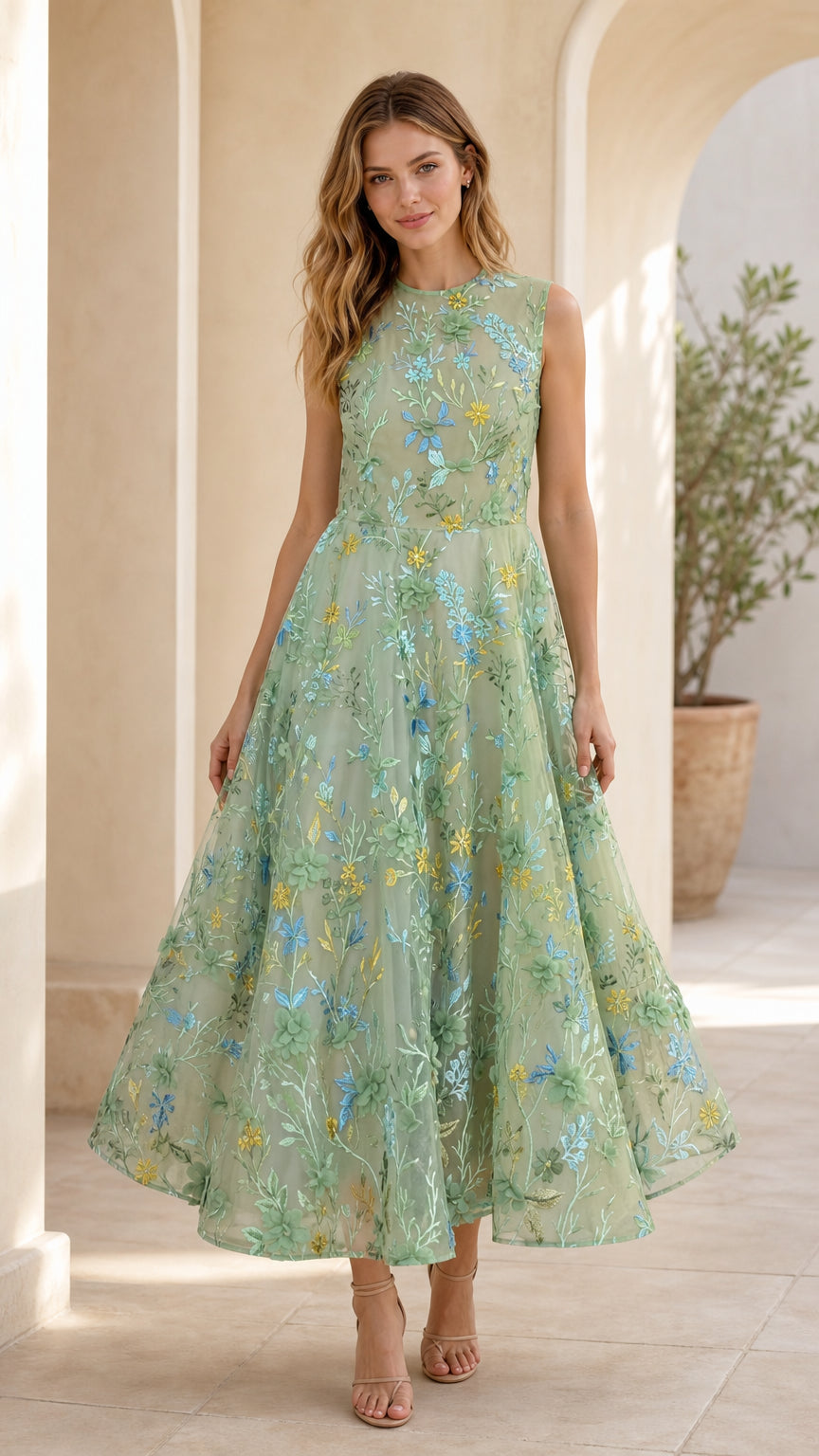 Sage green floral embroidered midi dress front view