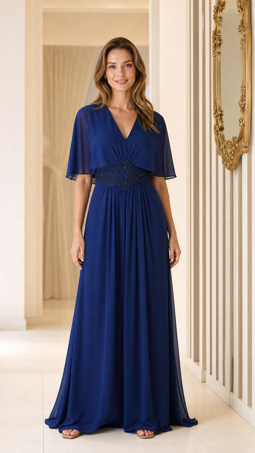 Front view of royal blue V-neck chiffon maxi dress
