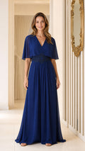 Front view of royal blue V-neck chiffon maxi dress