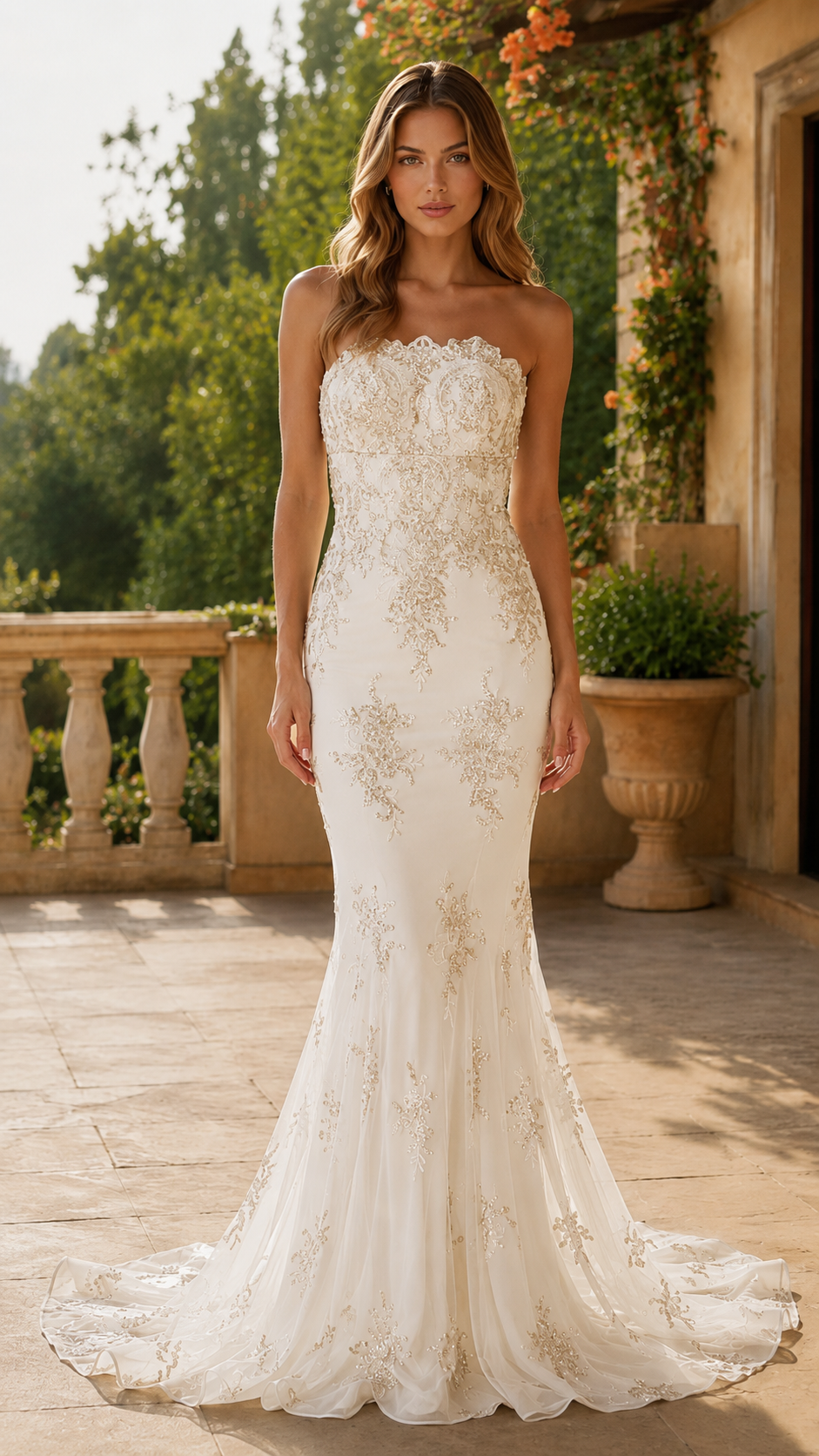 Front view of ivory strapless mermaid evening gown with lace appliqué-style detailing and train