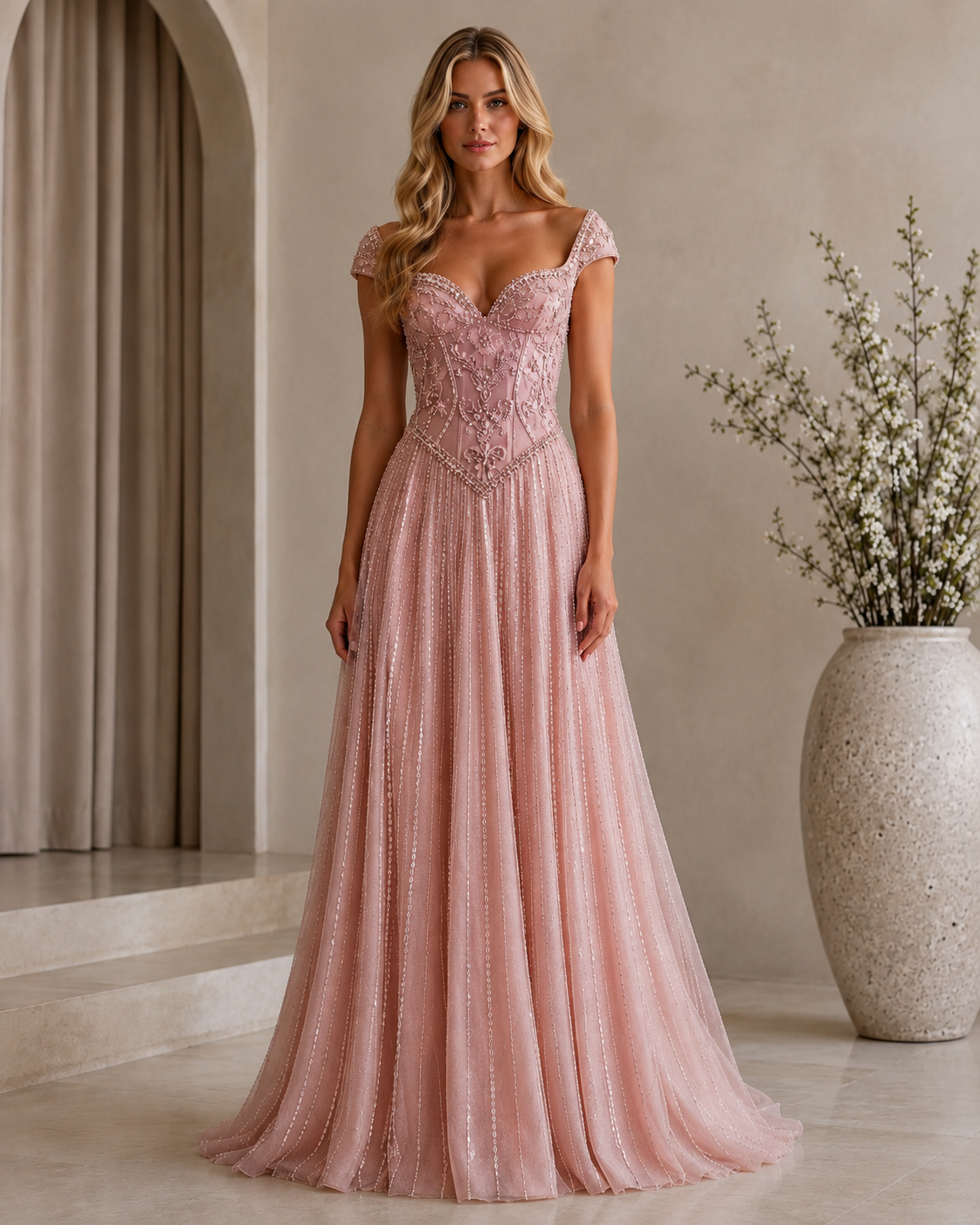 Blush pink beaded sweetheart cap sleeve floor-length A-line evening gown front view