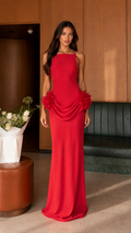 Front view of red open back draped floral detail maxi dress