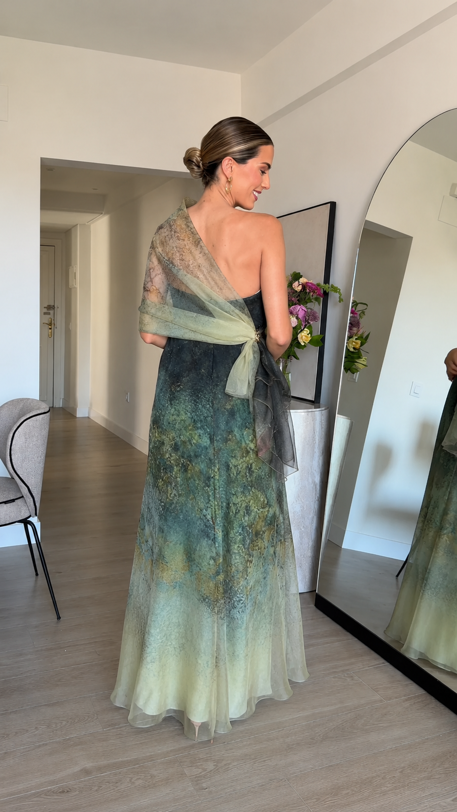 Back view of sage green strapless ombre evening gown with matching sheer shawl