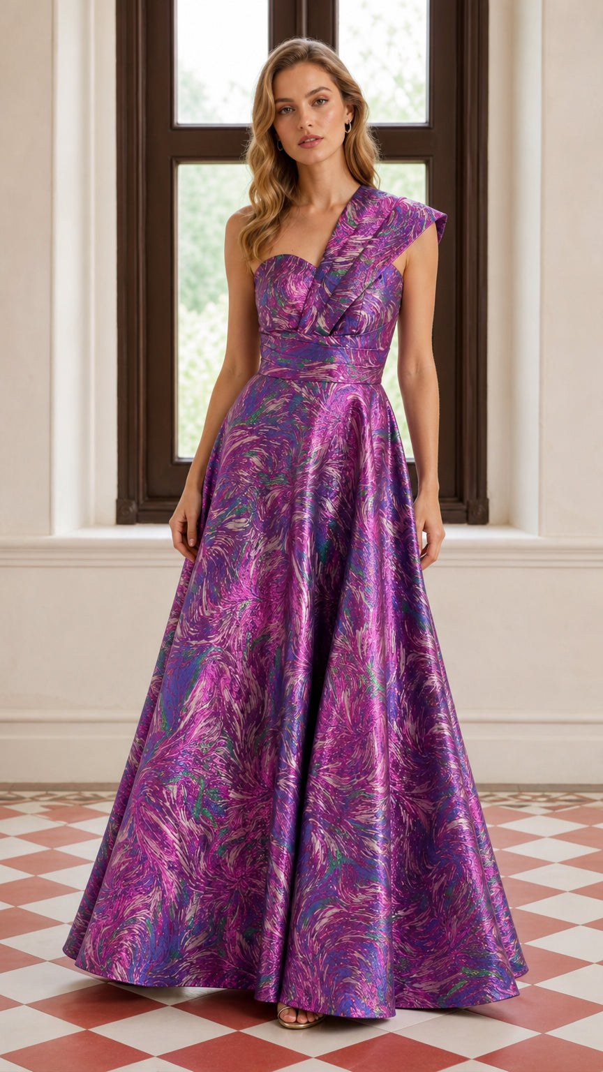 One-Shoulder Pleated Metallic A-Line Maxi Evening Gown in Purple front view