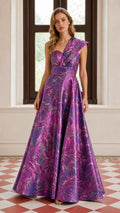 One-Shoulder Pleated Metallic A-Line Maxi Evening Gown in Purple front view