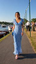 Front view of sky blue ruffle V-neck floral textured maxi dress with flutter sleeves