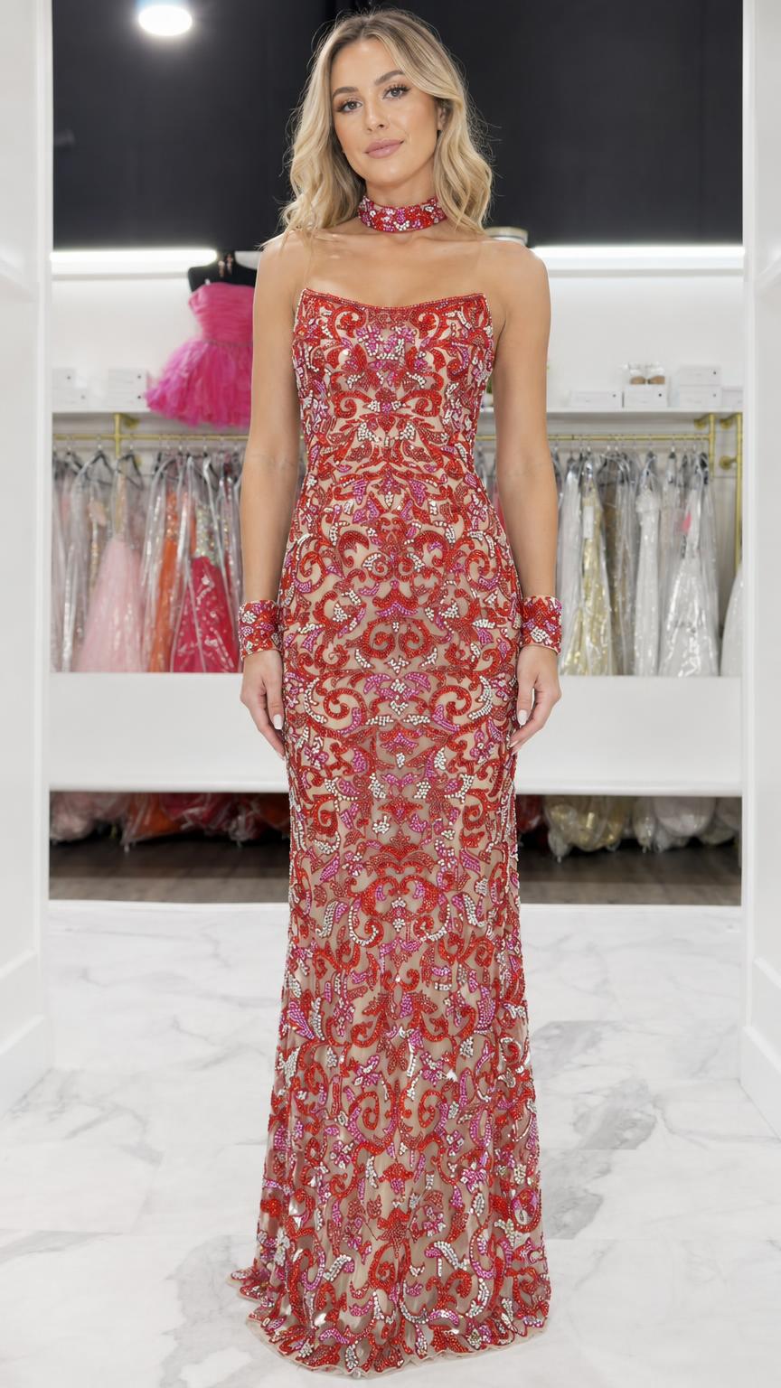 Front view of red embellished strapless evening gown