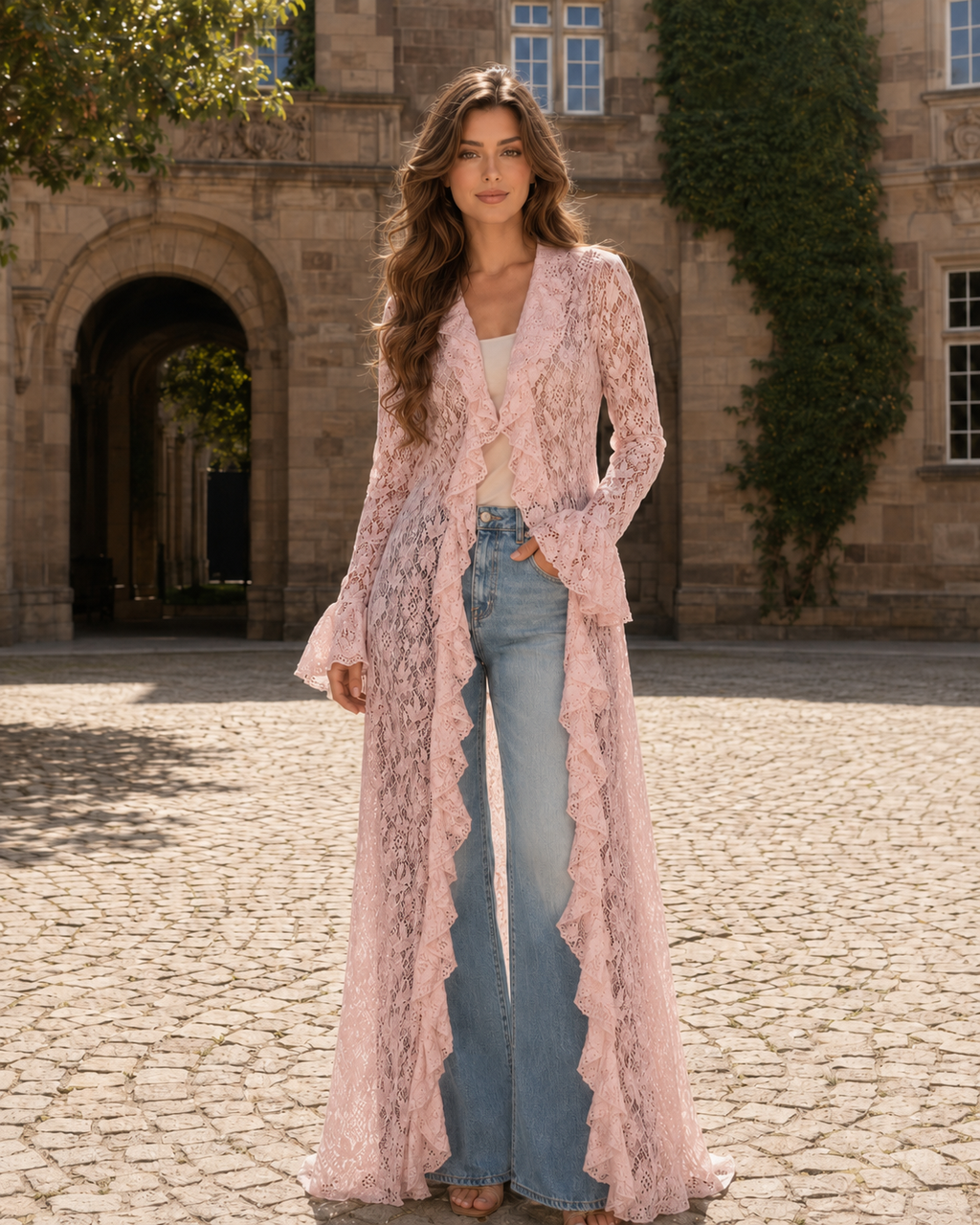 Blush pink sheer lace maxi duster cardigan with ruffle front worn over a cami and jeans