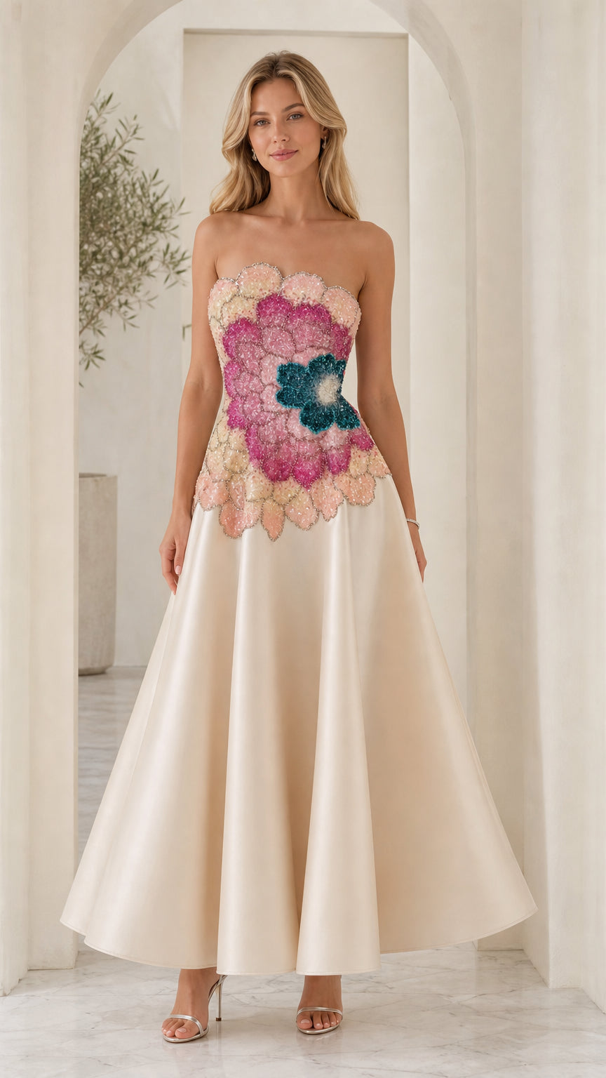 Front view of model wearing champagne strapless floral evening dress
