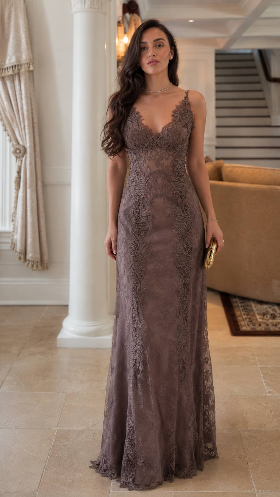 Front view of taupe lace mermaid maxi evening dress with deep V neckline