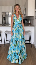 Front view of White/Blue floral maxi dress