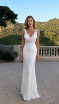 Front view of white lace bodice satin mermaid maxi dress
