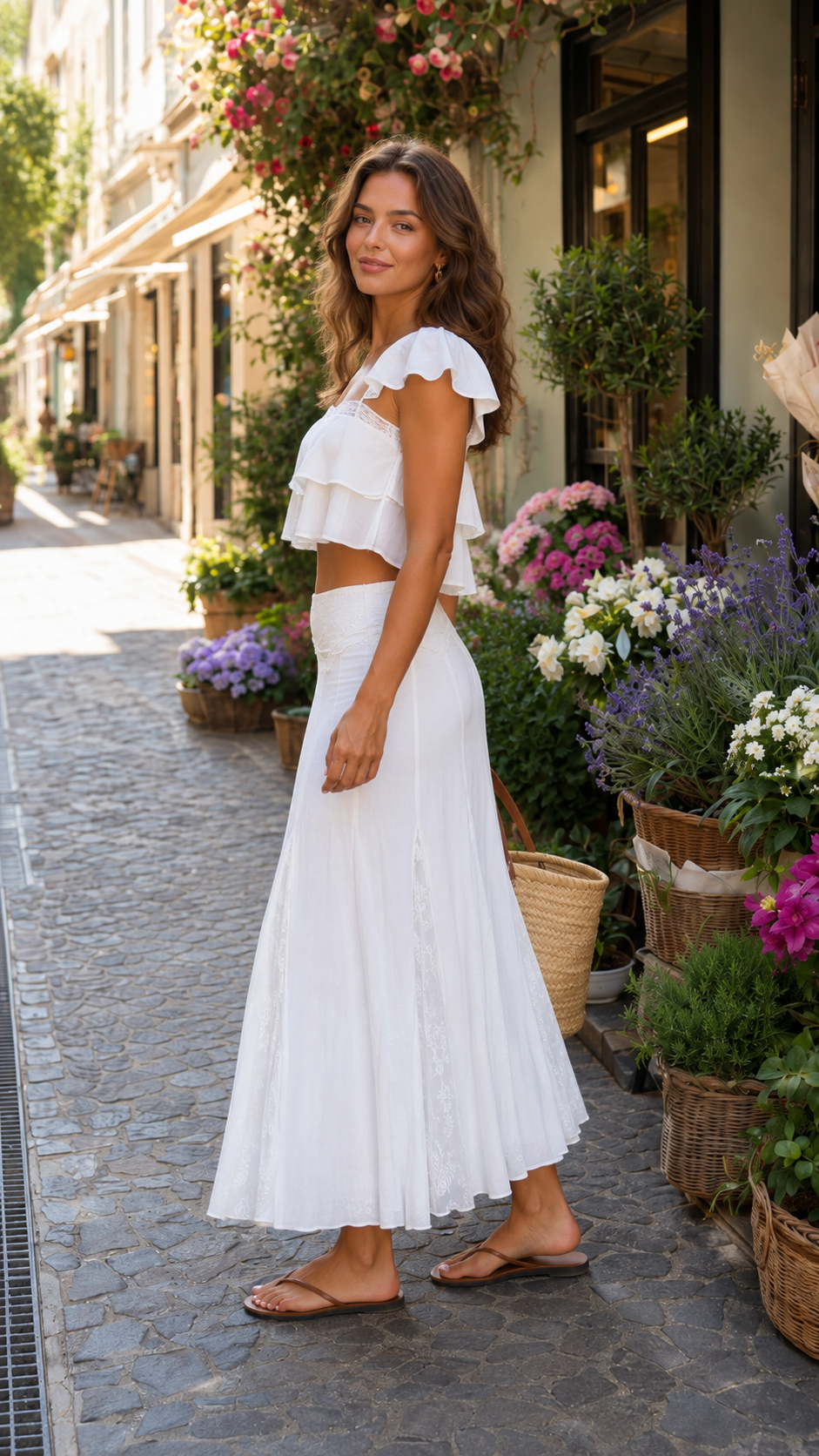 Side view of white ruffle crop top and flowy midi skirt two-piece set