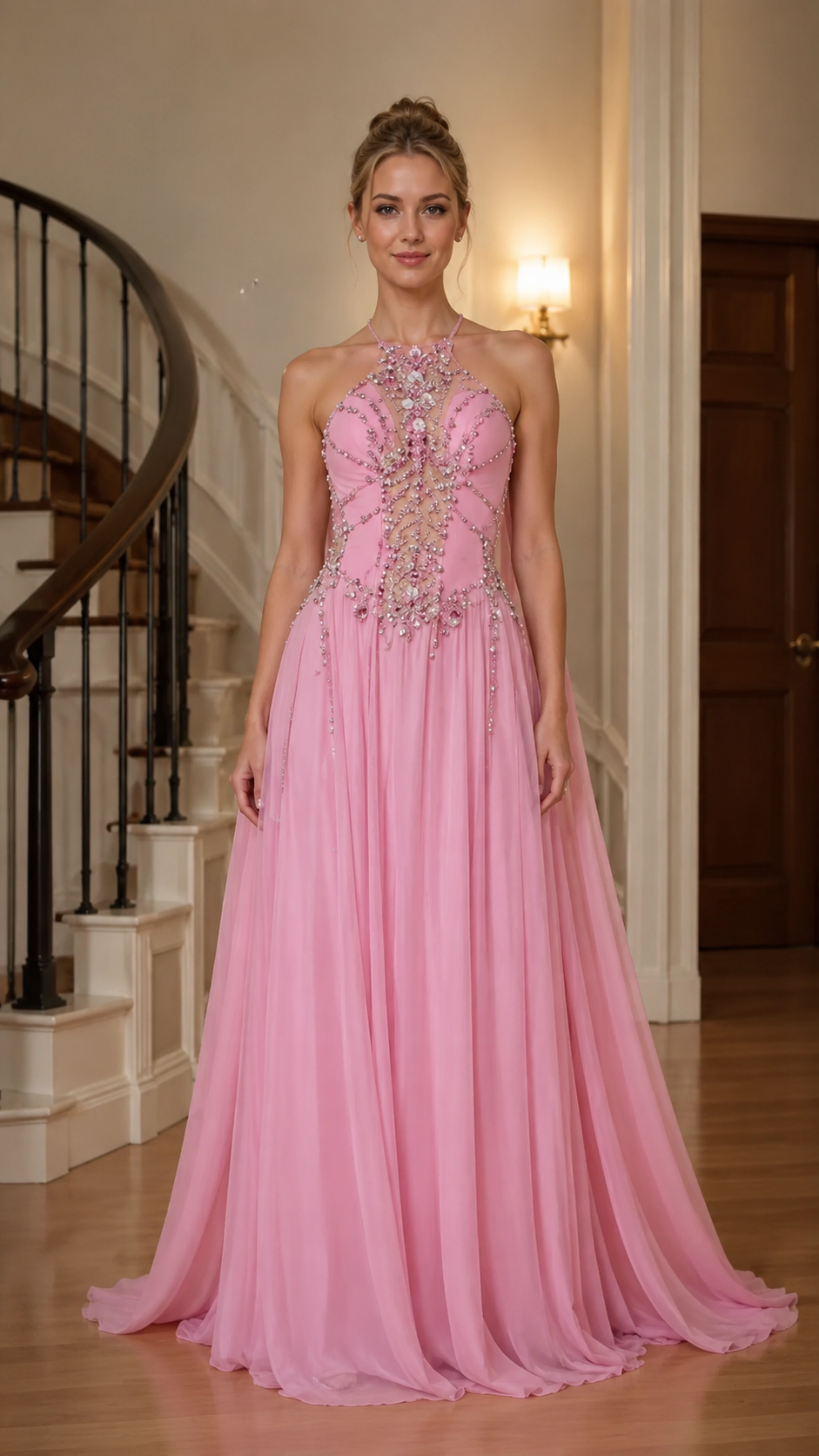 Pink beaded halter evening gown front view with flowing floor-length skirt