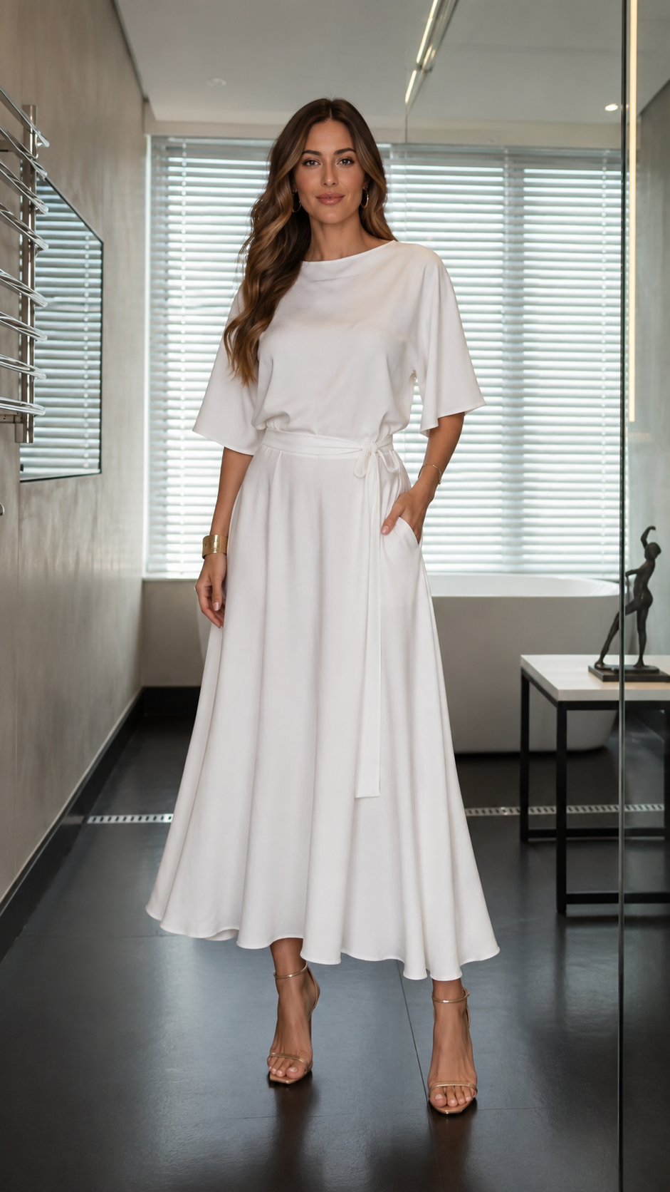 Front view of white belted A-line dress with boat neckline, elbow-length sleeves, and pockets