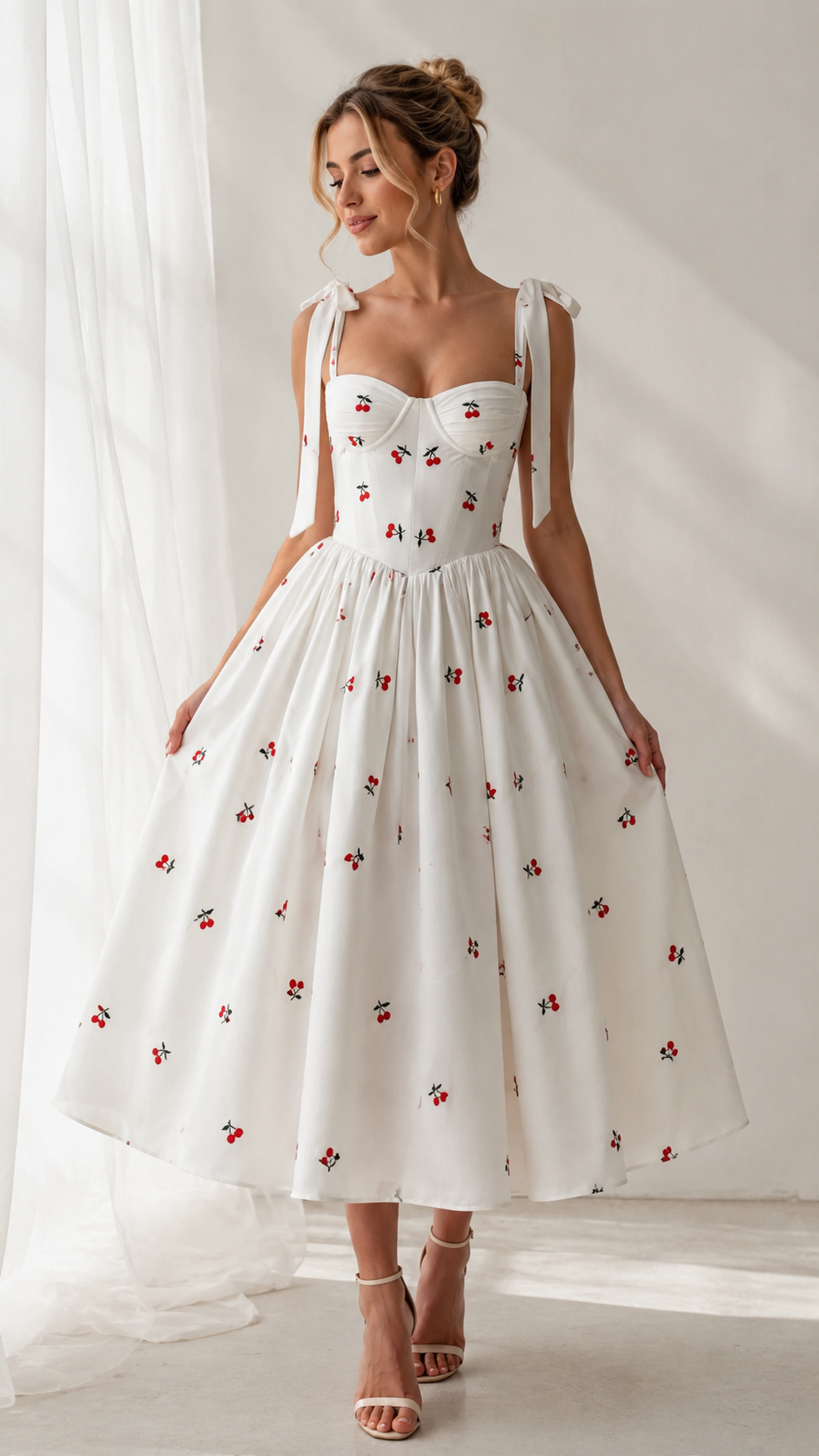 Front view of white cherry print tie-strap sweetheart midi dress with full skirt