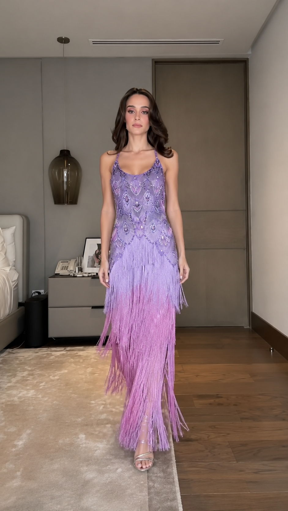 Front view of lavender pink gradient beaded fringe maxi evening dress