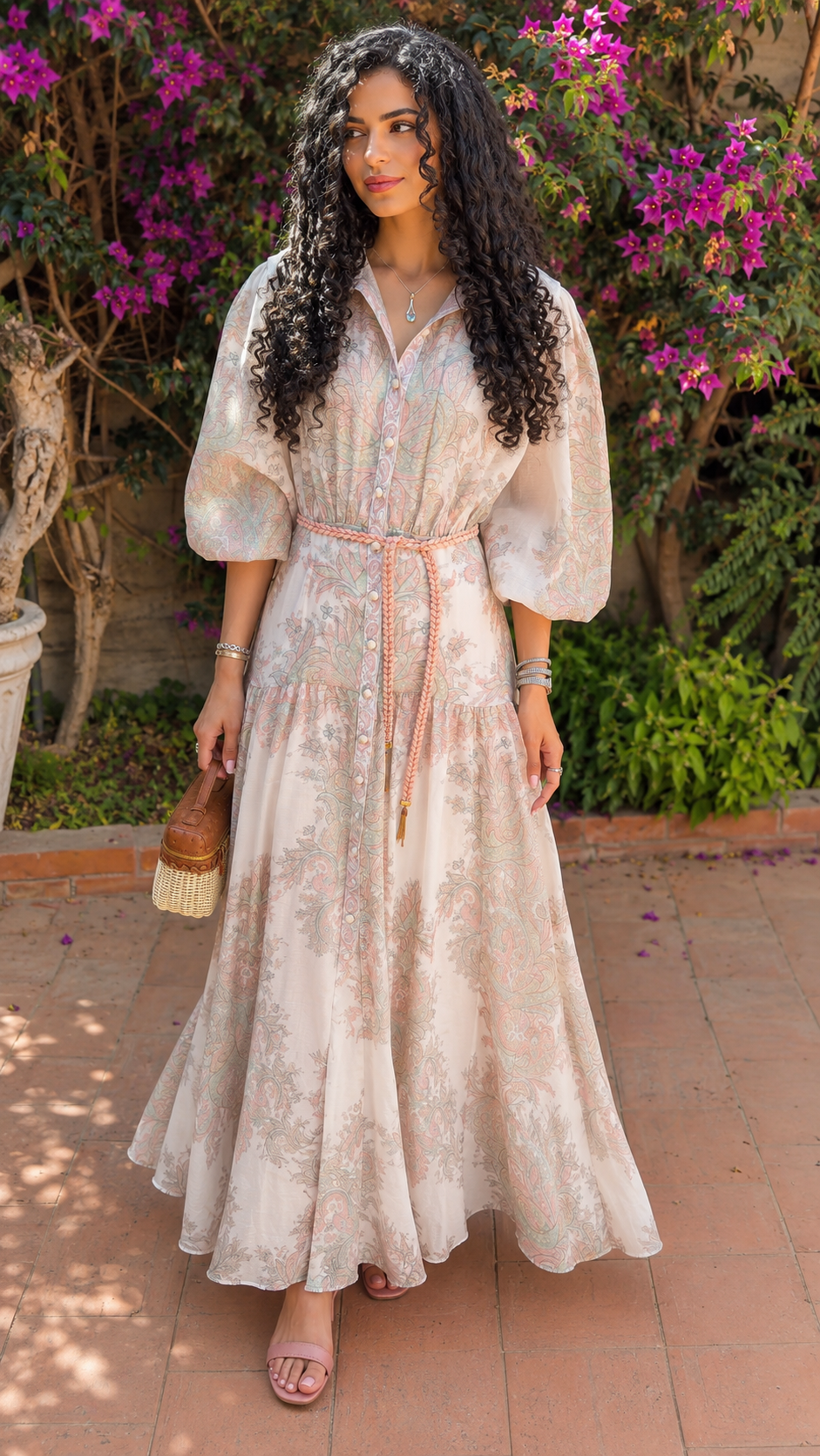Front view of blush ivory floral maxi shirt dress with puff sleeves and rope tie waist