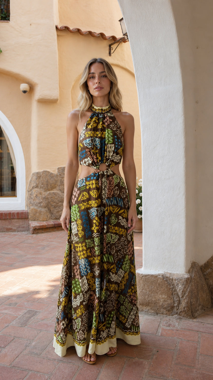Full front view of model wearing brown printed halter neck cutout maxi dress