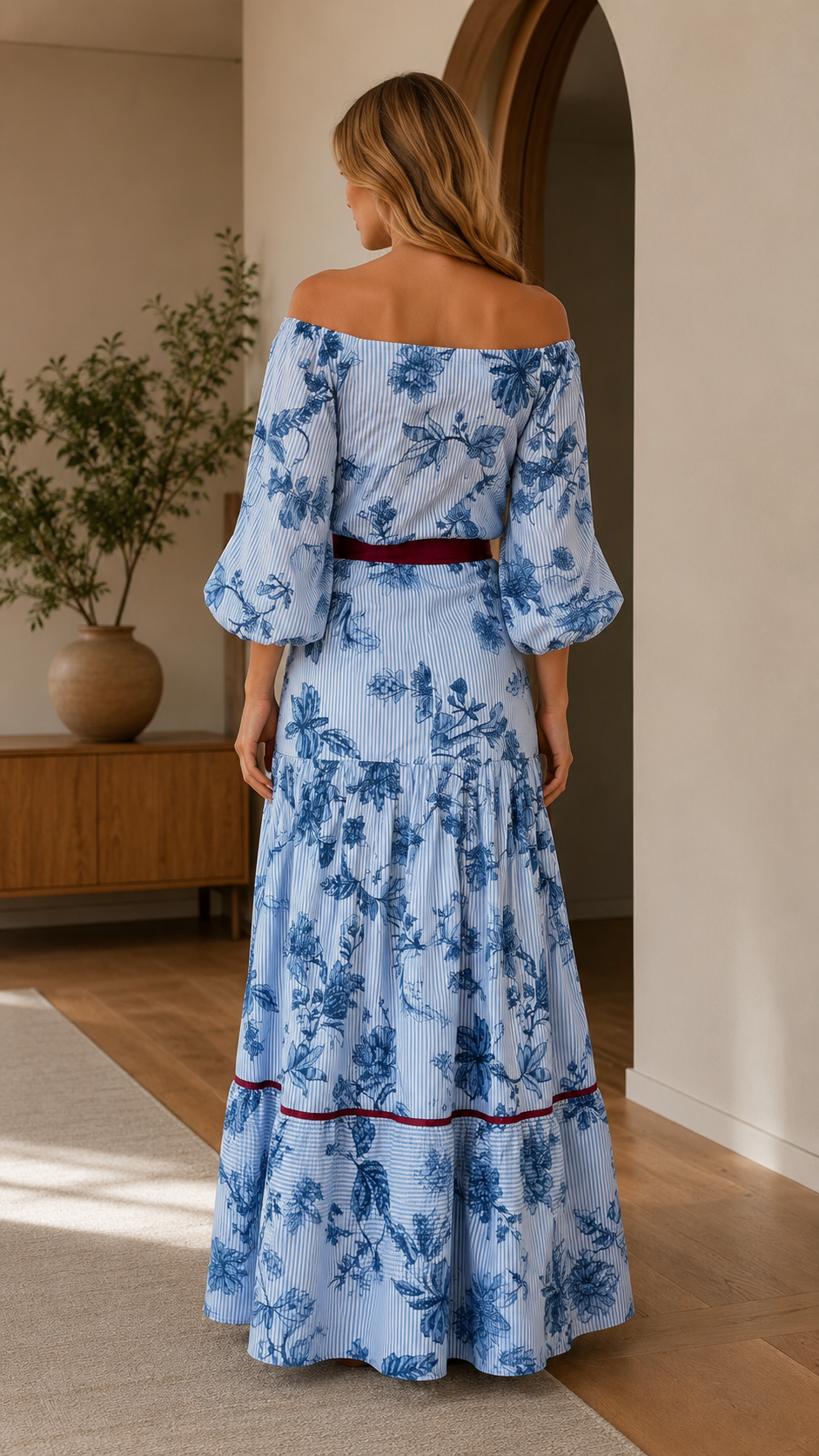 Sky blue off-shoulder floral maxi dress with puff sleeves and tie waist back view