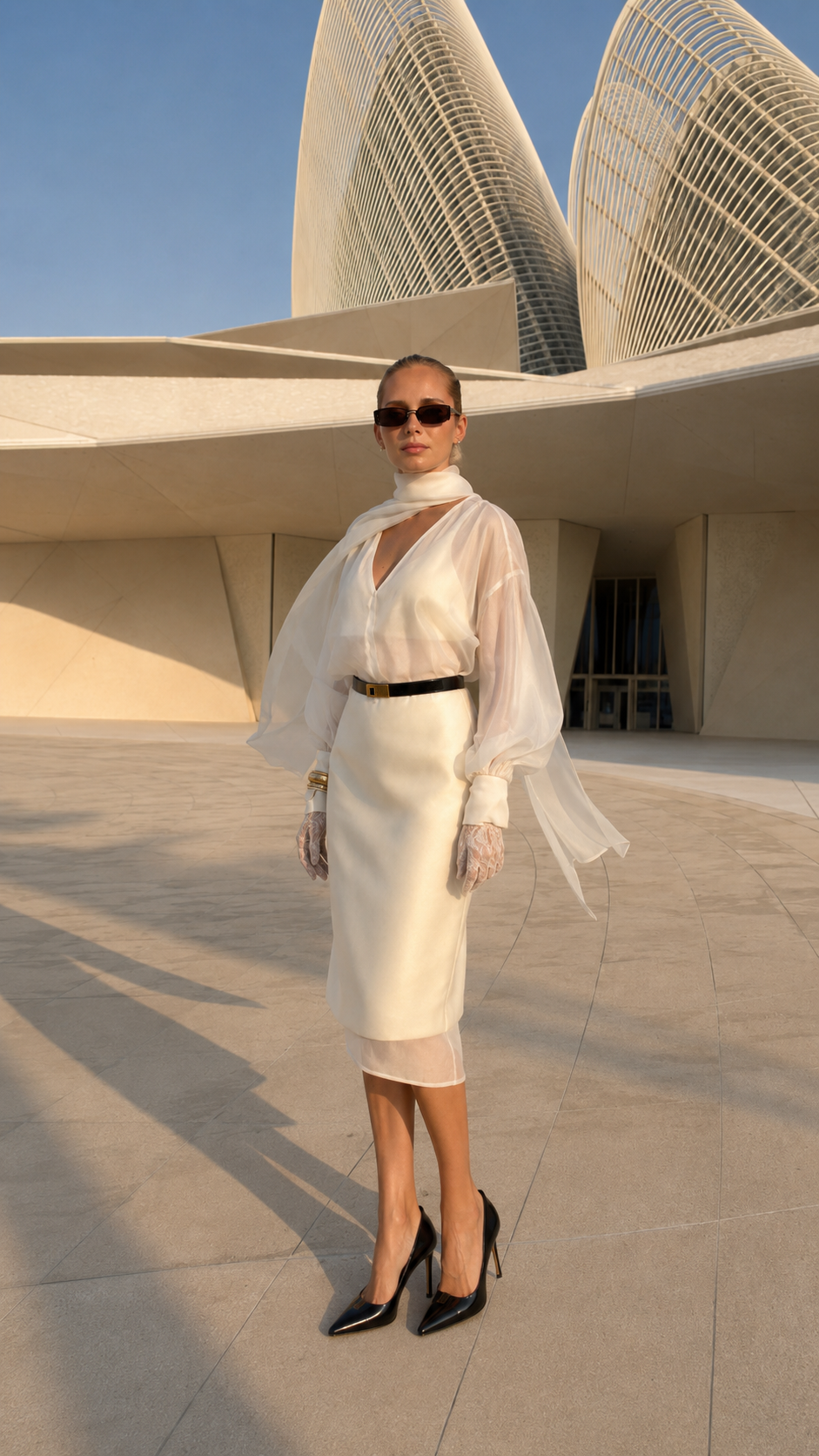 Model wearing white sheer sleeve scarf neck belted midi dress front view