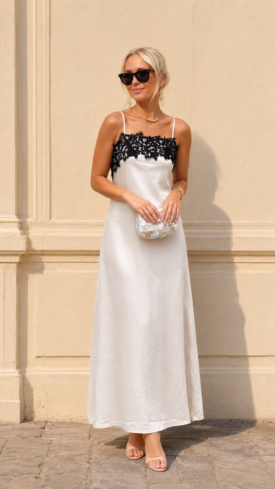 White satin-look maxi slip dress with black lace neckline front view