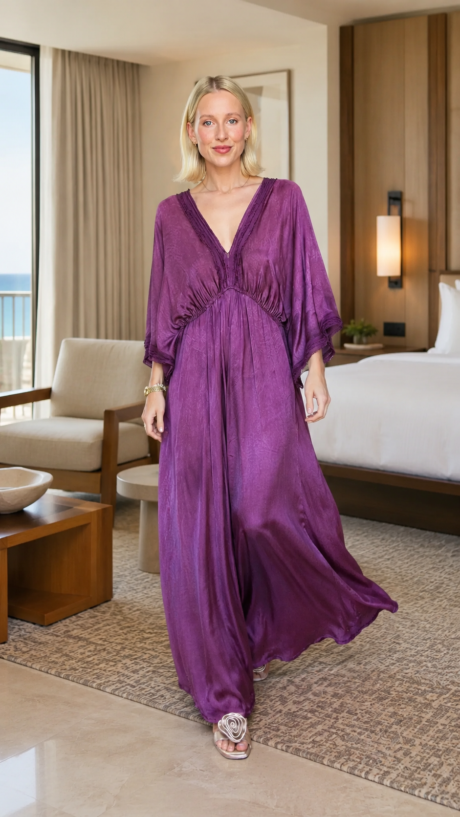 Model wearing a purple flowing maxi kaftan dress with gathered waist detail front view