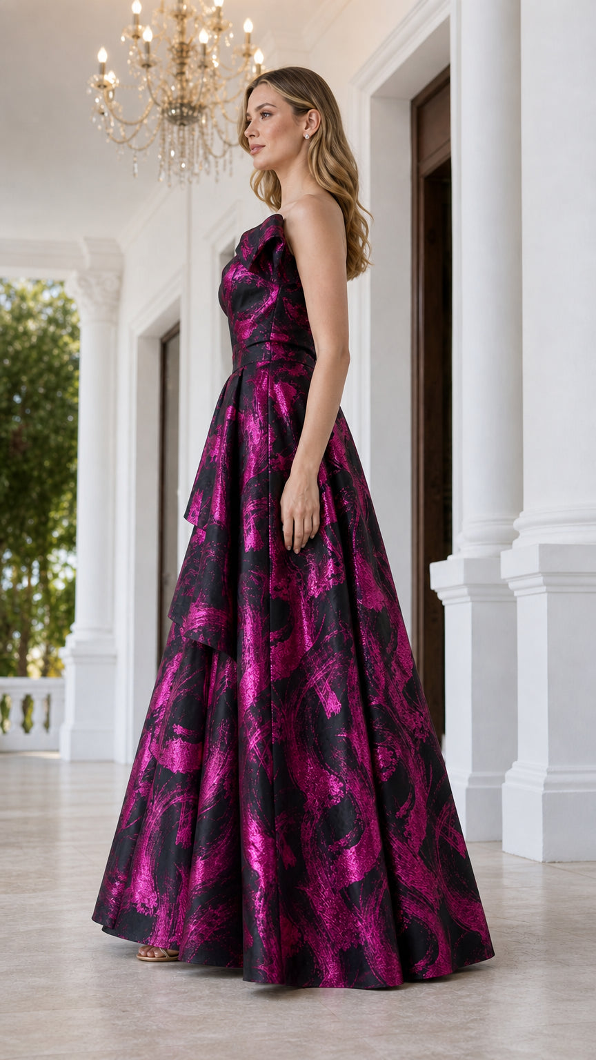 Side profile of fuchsia one-shoulder evening dress