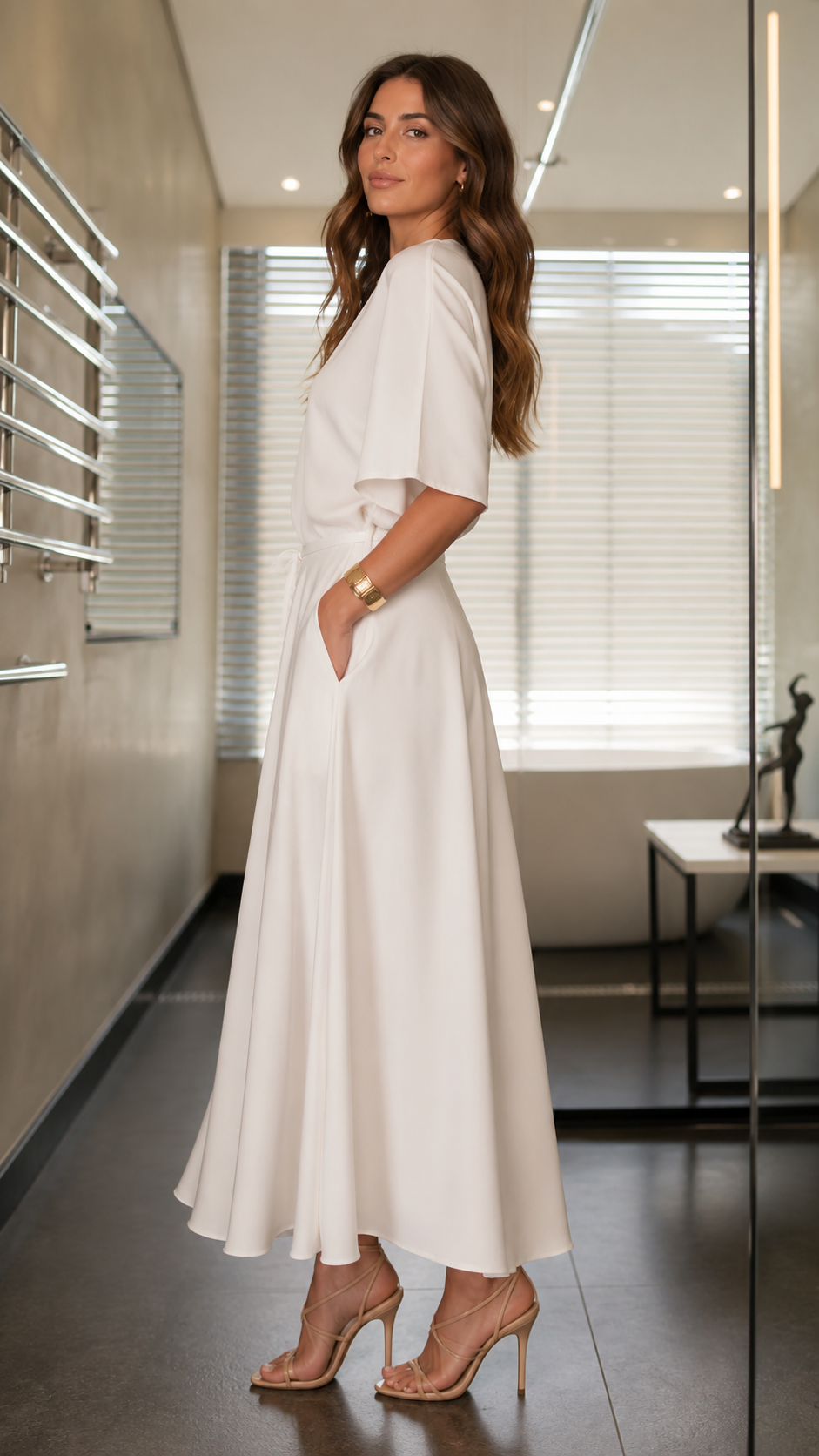 Side view of white flowing midi maxi dress with self-tie waist and relaxed sleeves