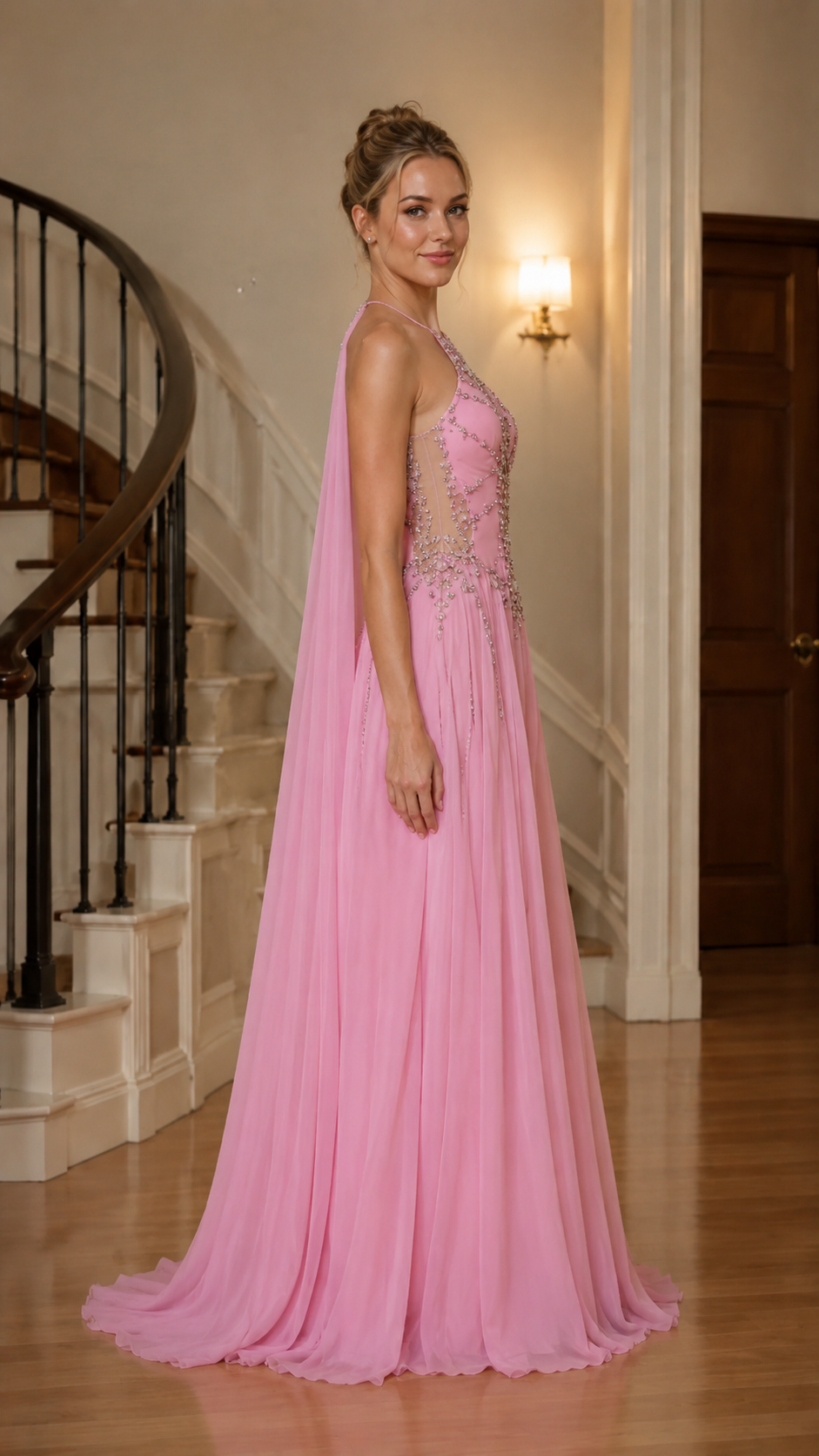 Pink embellished halter formal gown side view with soft draped back