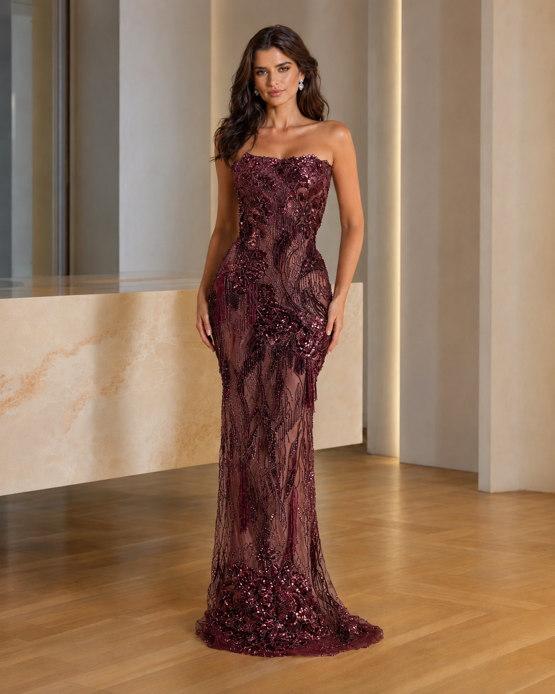 Burgundy strapless embellished mermaid formal gown front view