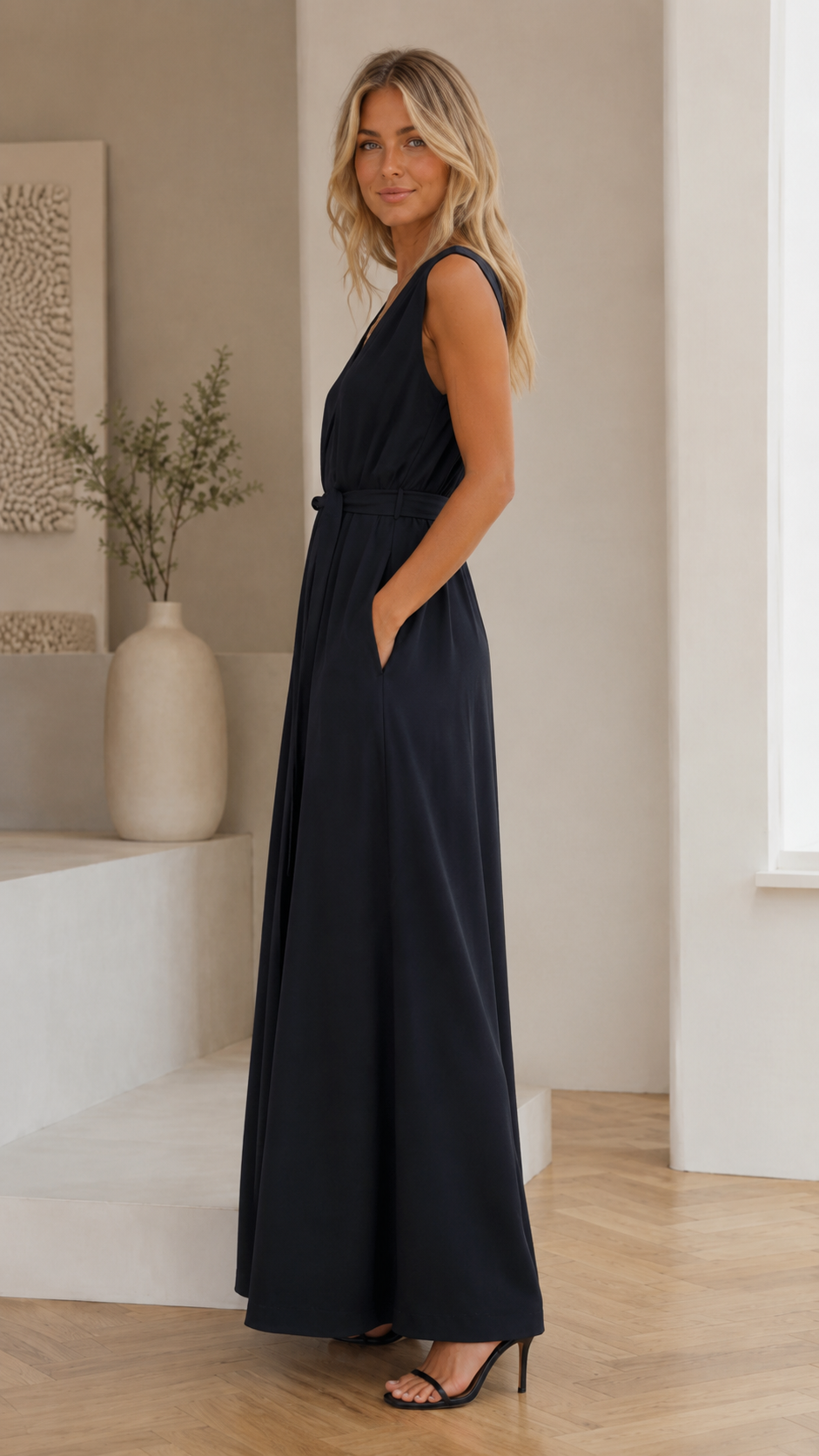 Side view of black sleeveless V-neck belted maxi dress