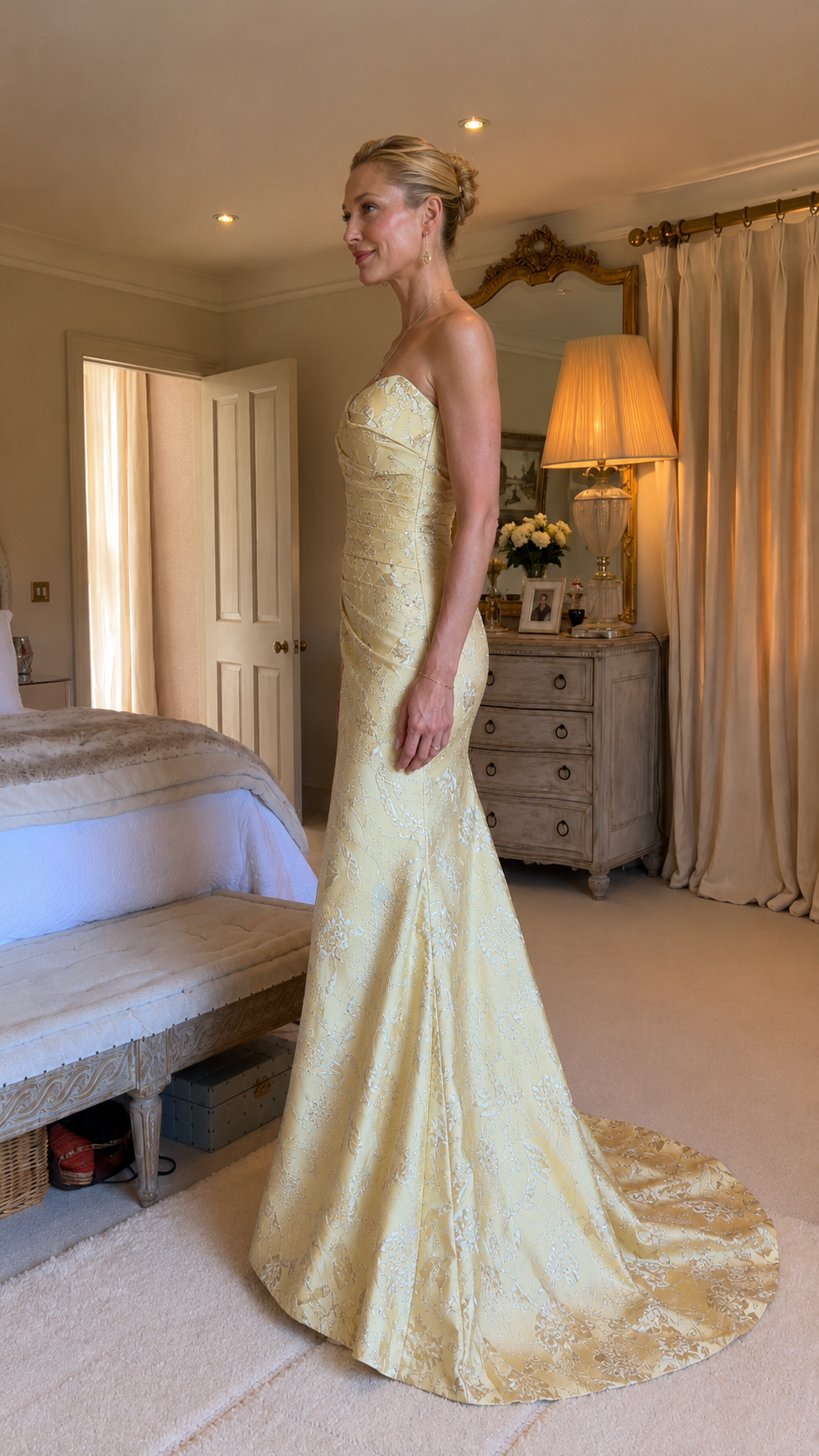 Side view of butter yellow strapless mermaid formal gown with train