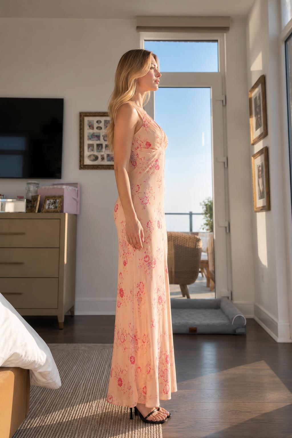 Side profile view of peach floral maxi dress