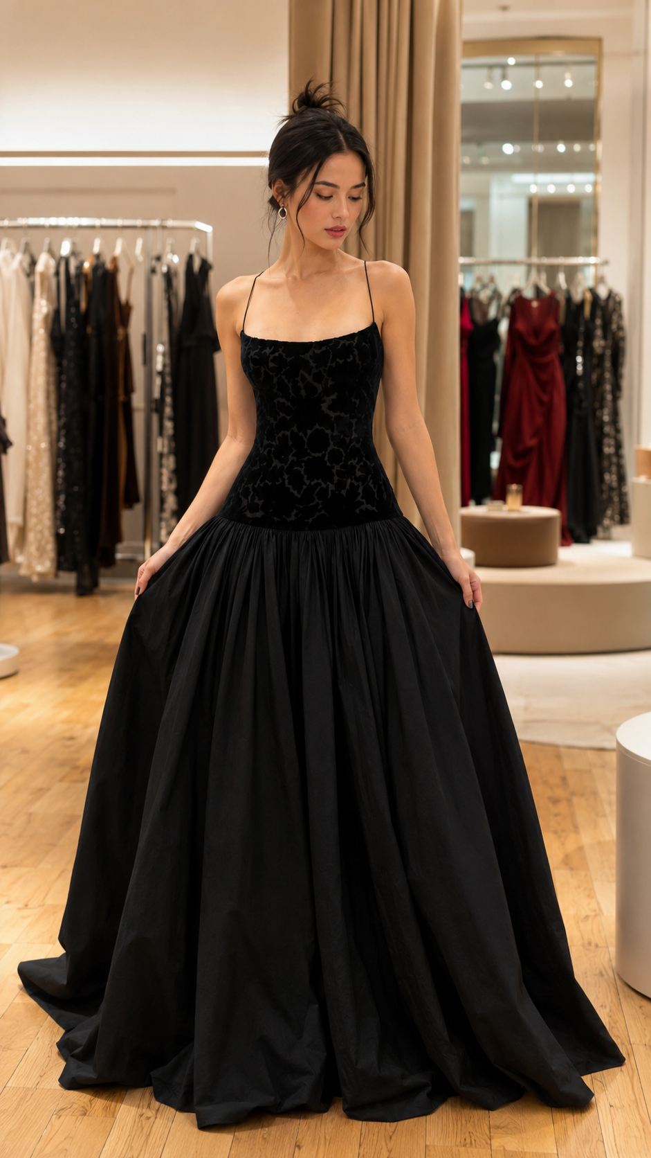 Black formal ball gown with fitted textured bodice and voluminous maxi skirt front view