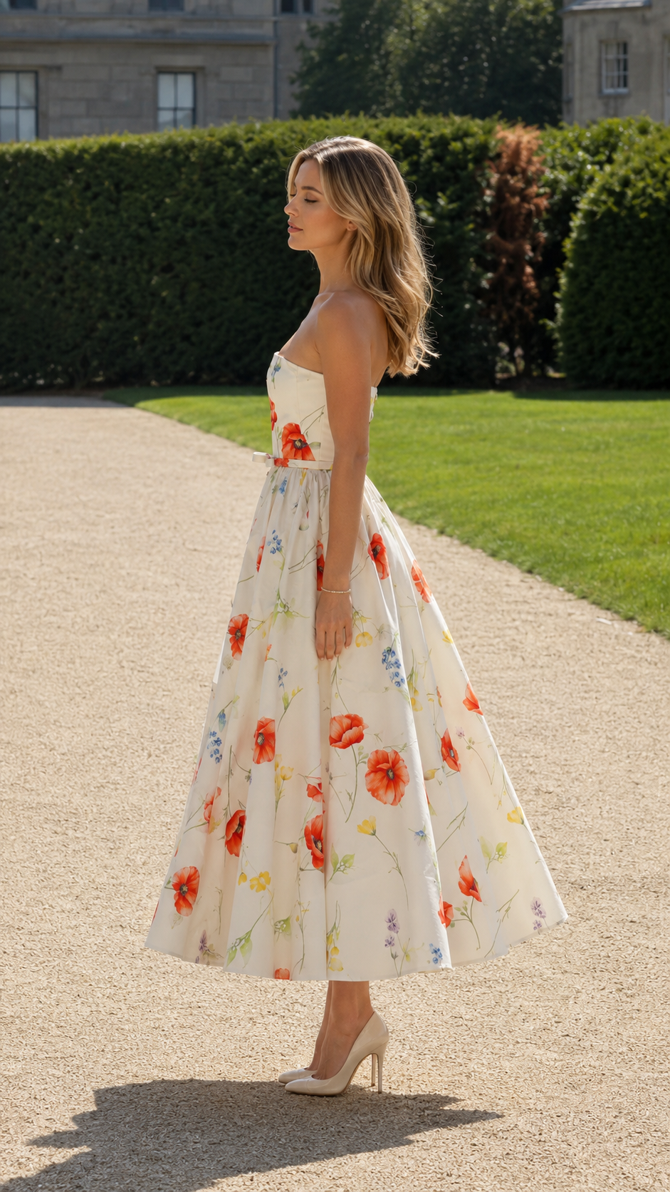 Side view of ivory strapless floral midi dress with fitted bodice