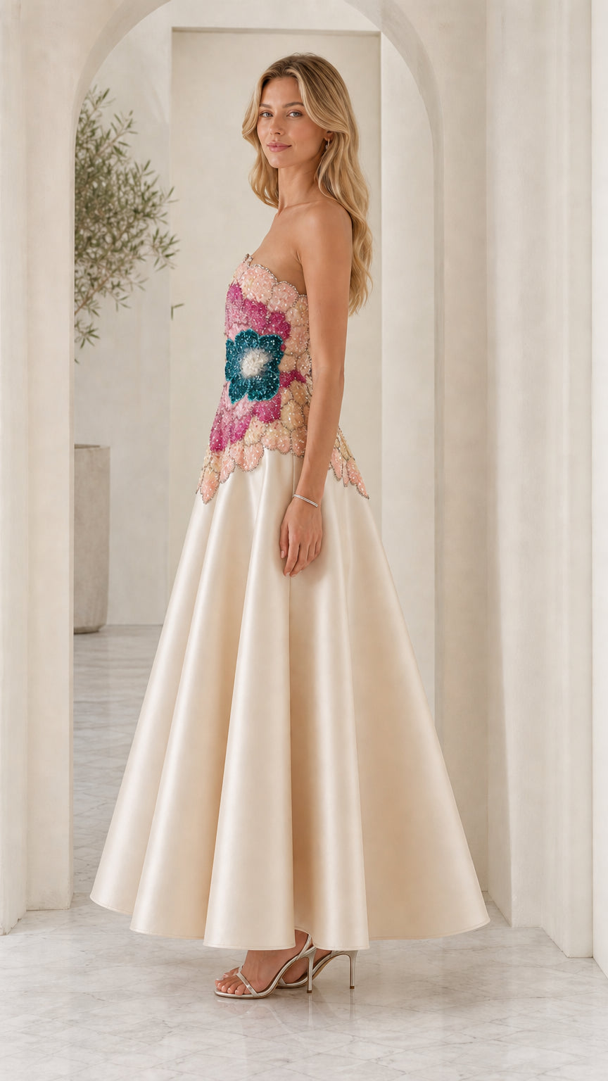 Side profile of model in champagne formal gown