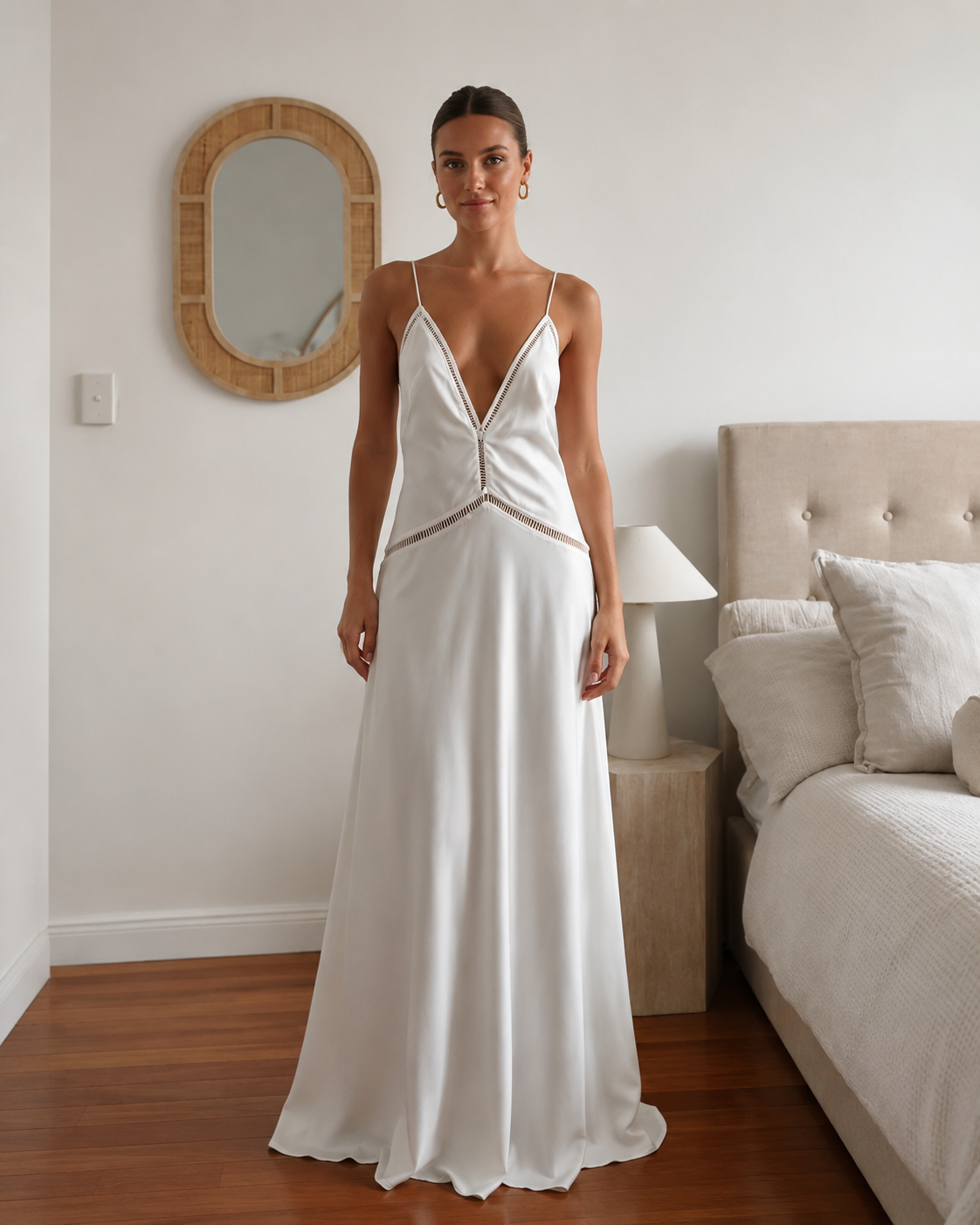 Ivory satin-style plunge cami maxi dress front view