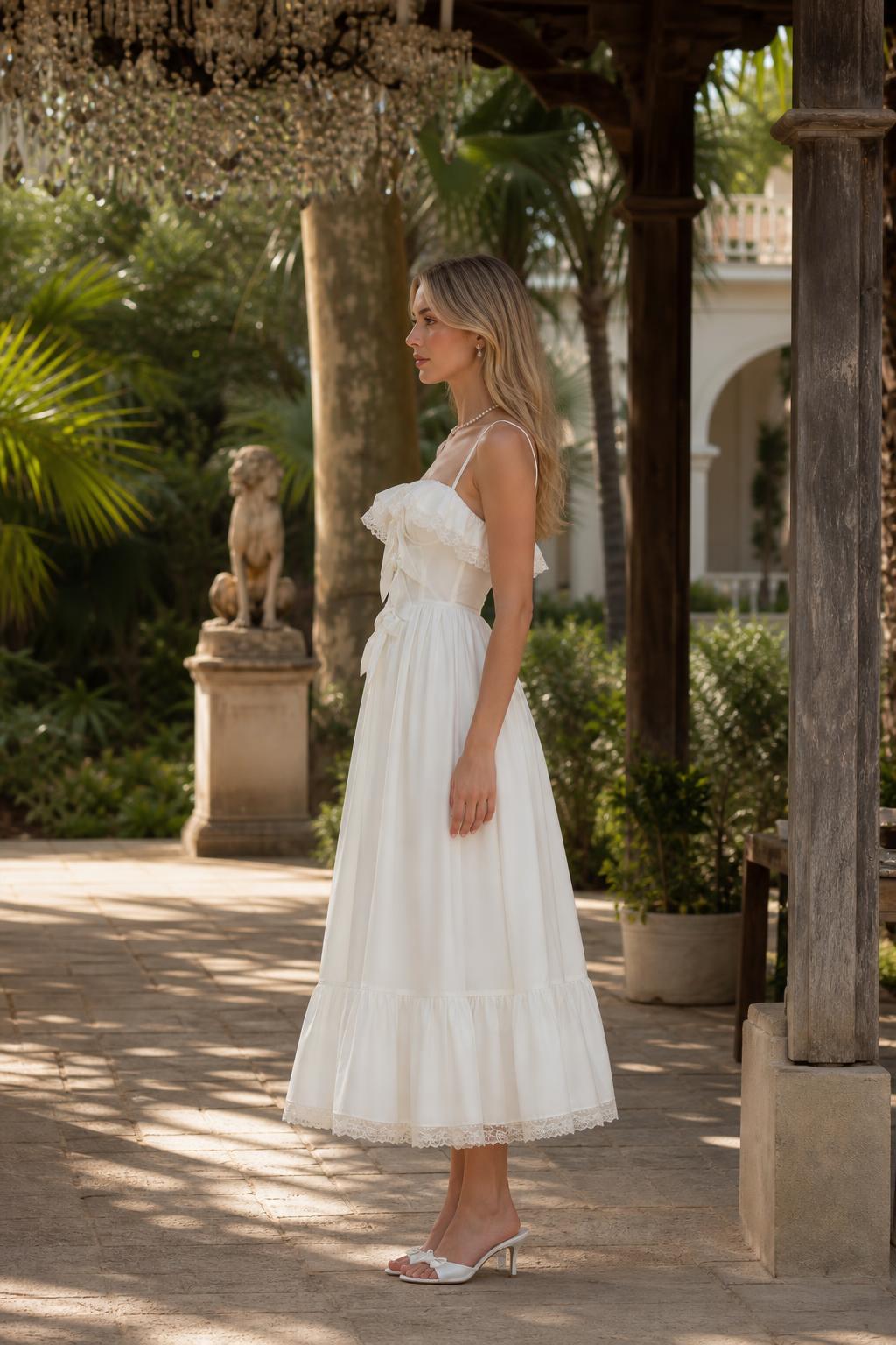 Side view of woman in white midi dress outdoors