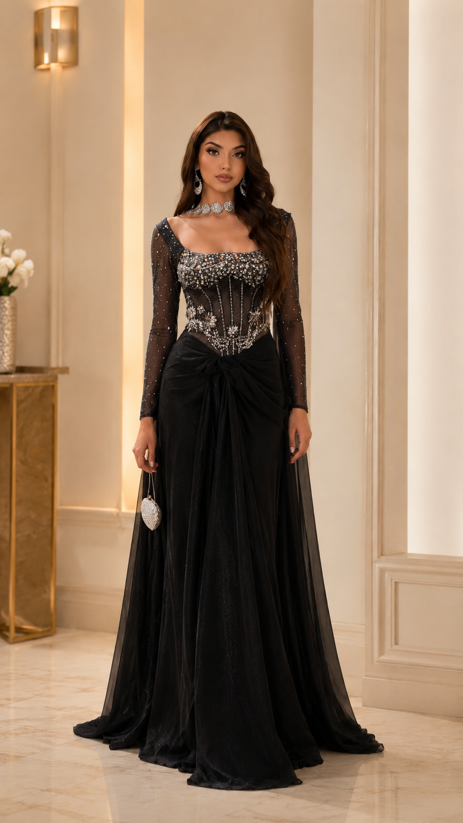 Black embellished square neck long sleeve evening gown with flowing draped skirt front view